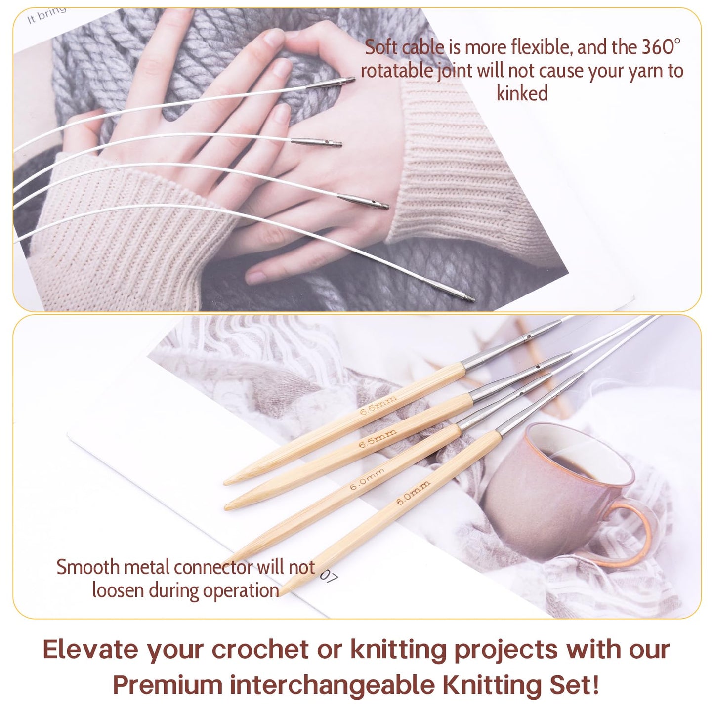 Mdoker Bamboo Knitting Needles Set with Case Interchangeable Circular Knitting Needle with Flexible Cables,9 Pairs Square Round Knitting Needles Cubic Circular Needle for Beginner,DIY Crafts,3.5mm-8mm