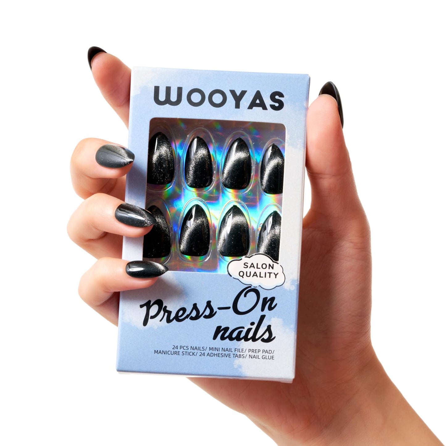 Black Press On Nails Short Almond Cat Eye False Nails with Handmade Jelly Magnet,Stiletto Glue On Nails-24Pcs Fake Nails Kit，Opal
