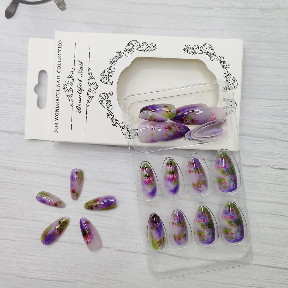 PODUOJIEYI 24Pcs Almond Press-On False Nails with Pink Lotus Flower Design, Glossy Purple Gradient Acrylic Artificial Nails for Women Manicure Salon