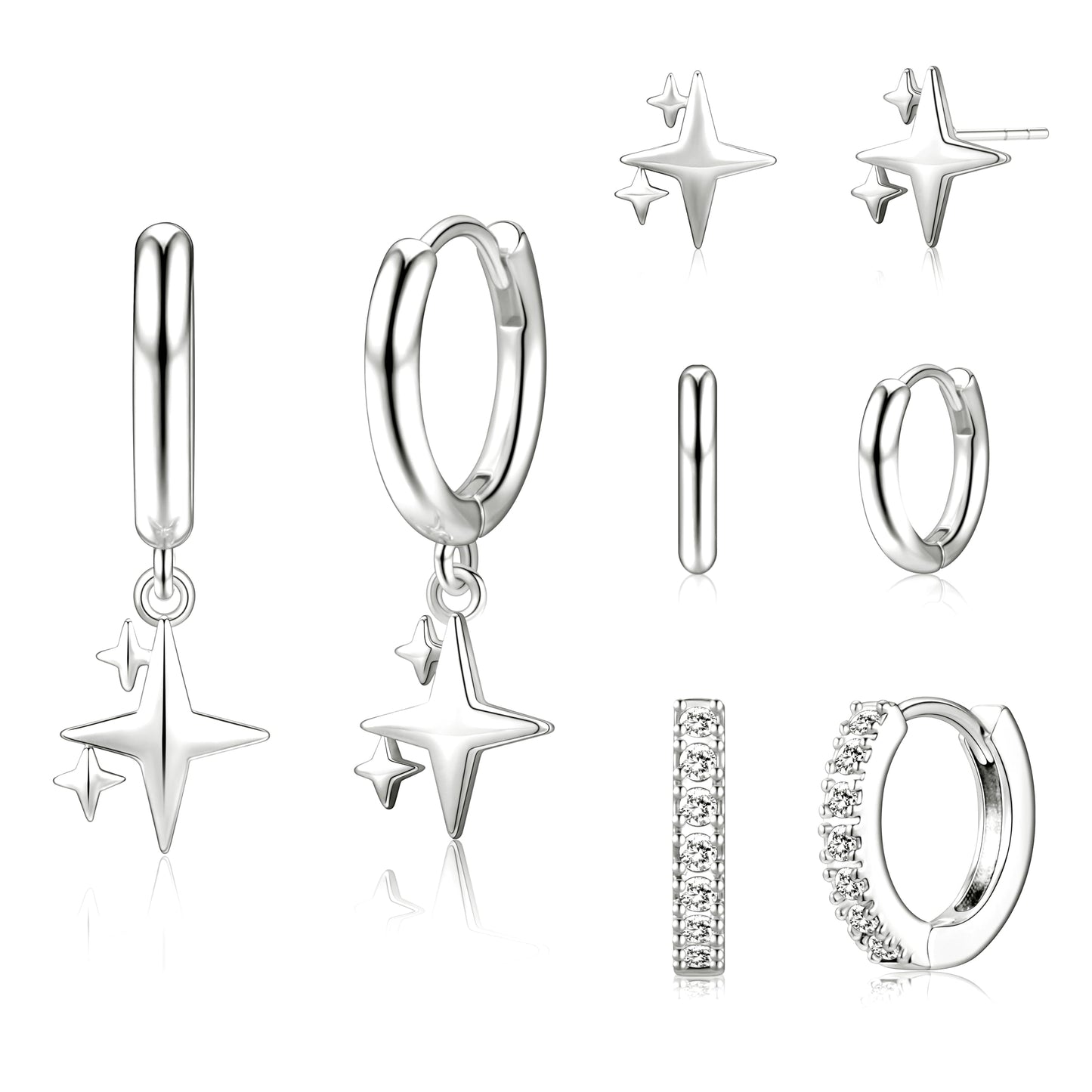 Silver Star Earrings for Women,Huggie Small Stack Cartilage Hoop Star Stud Earring Sets for Multiple Double Piercing, Conch Helix Rook Tragus Daith Piercing Silver Clip On Jewelry Set Gifts