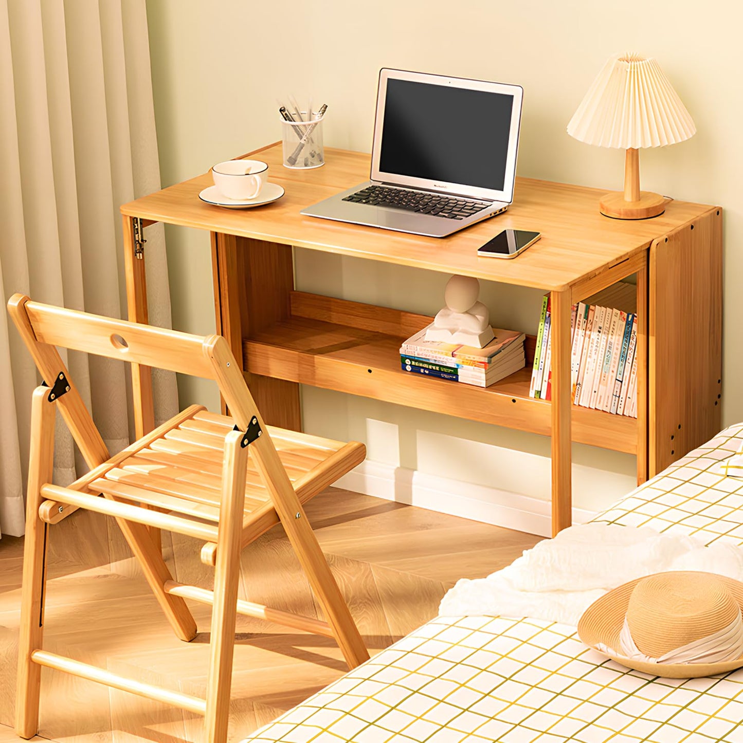 Dezyfurni Bamboo Folding Desk Mid Century Modern Desk for Home Office Bedroom Small Spaces，Natural