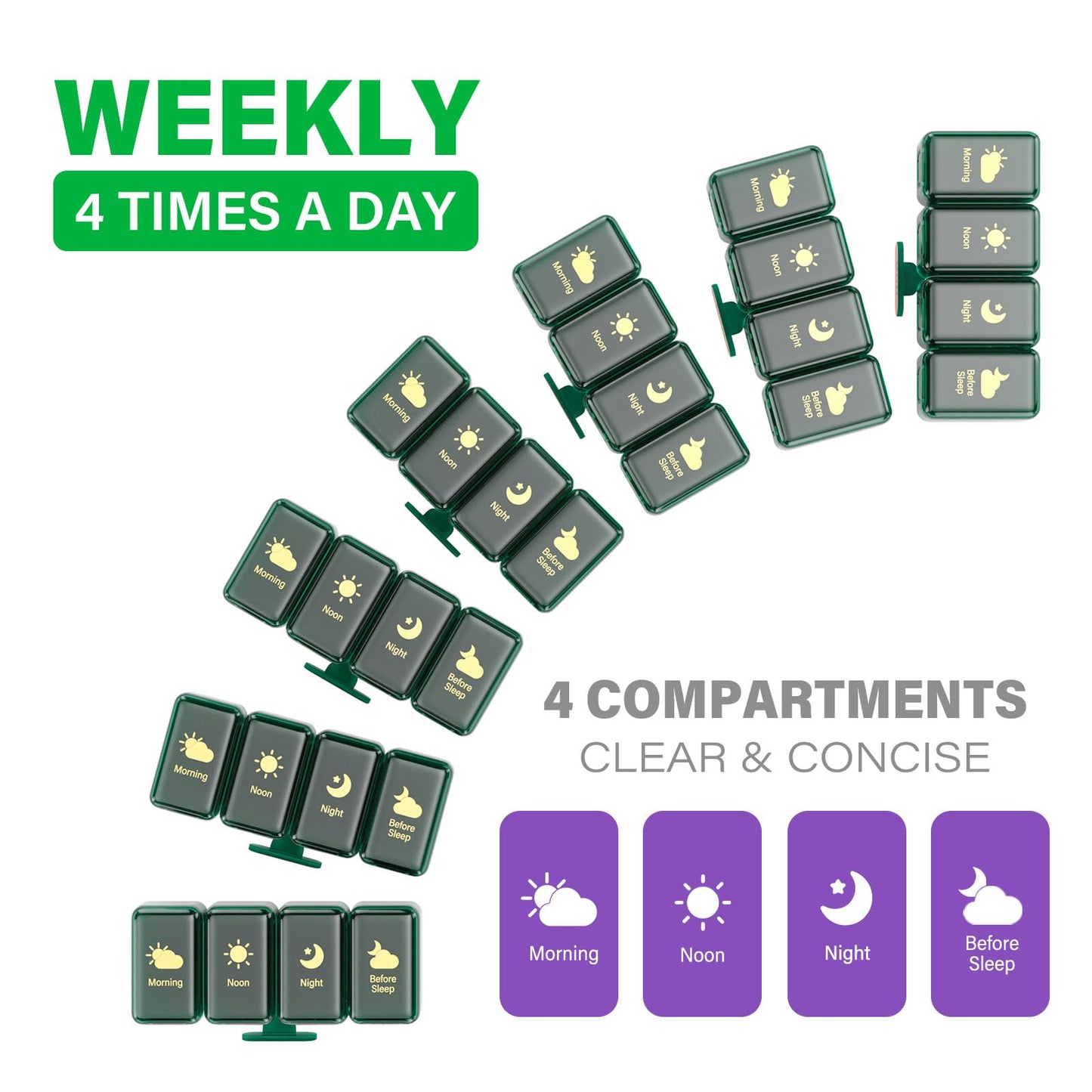 Weekly Pill Organizer 4 Times a Day, Large Compartments Pill Box 4X 7 Day, Medicine Organizer Pill Case for Pills/Vitamins/Fish Oils/Medication/Supplements (4x7 Dark Green)