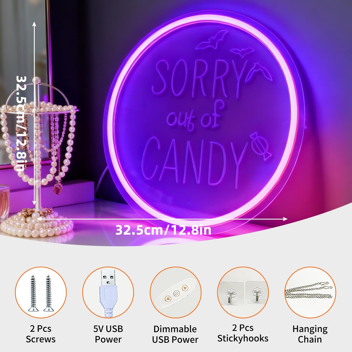 Sorry Out of Candy Neon Sign, Purple Halloween Theme Neon Light, Candy Store Home Party Wall Table Decor, USB Powered LED Decorative Light 12.8 x 12.8 In