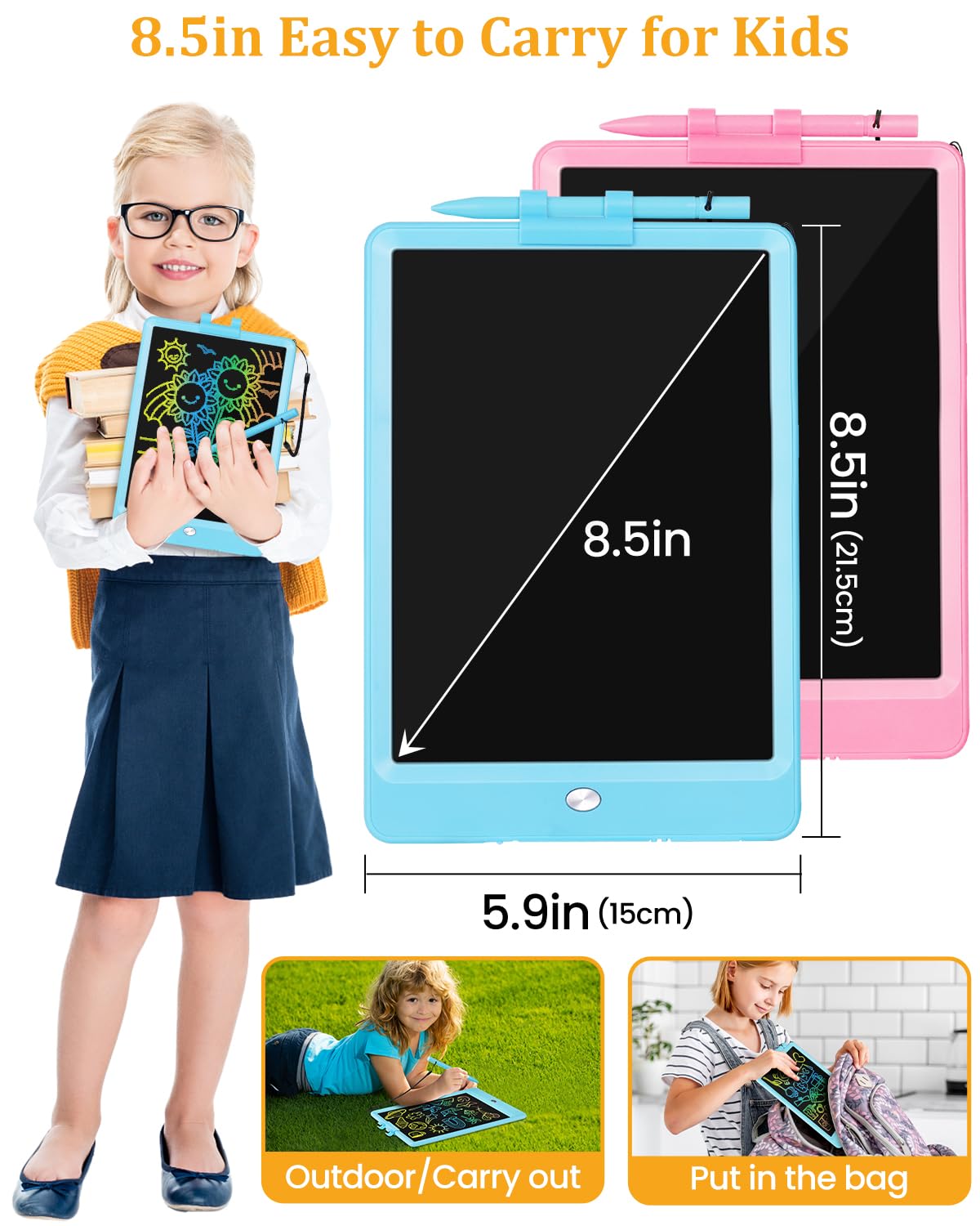 SplashNSpray Writing Tablet, 2pack LCD Drawing Tablet for Kids, Colorful Toddler Doodle Board, Erasable Reusable Electronic Drawing Pads, Educational and Learning Toy for 3+ Years Old Kids 8.5inch