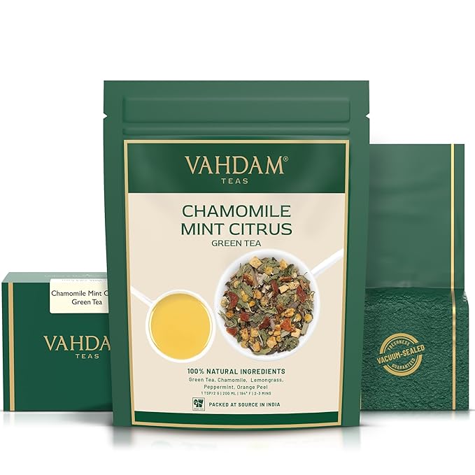 VAHDAM, Chamomile Mint Citrus Green Tea Leaves (50+ Cups, 3.5 oz) Essential Herbs | Green Tea Leaves, Chamomile, Peppermint, Spearmint, Orange Peels, Lemongrass | High Elevation Grown | Vacuum Sealed