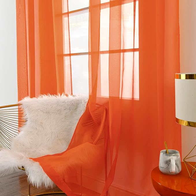 SpaceDresser Sheer Voile Window Treatment Rod Pocket Curtain Panels for Kitchen Bedroom Living Room Drapes Sunlight Filtering Privacy Semi Home Decor Assorted (Burnt Orange, 52 W x 45 L)