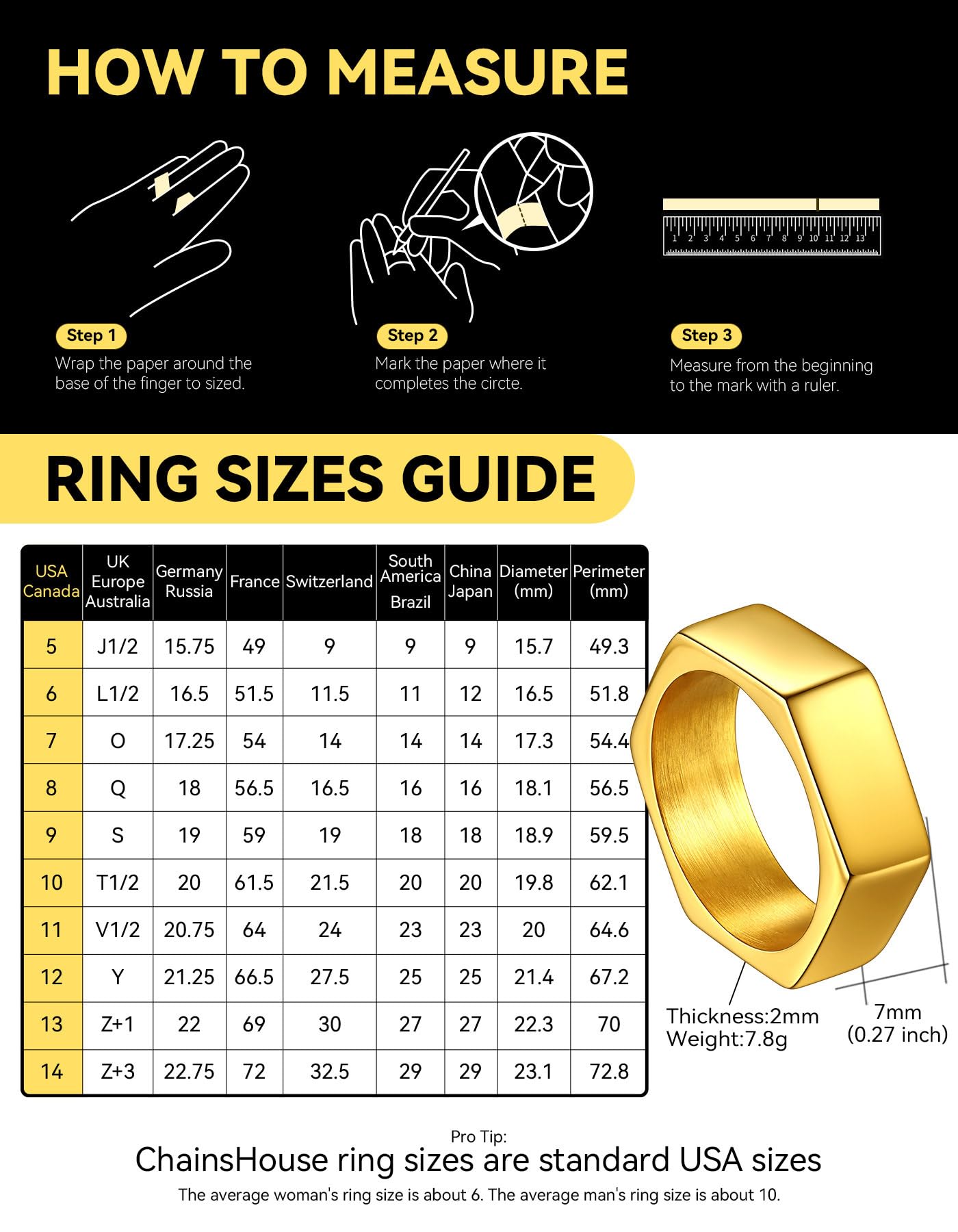 ChainsHouse Gold Hexagon Geometric Ring for Men Women, Cool Punk Hip Hop Biker Band Rings(Size 12)