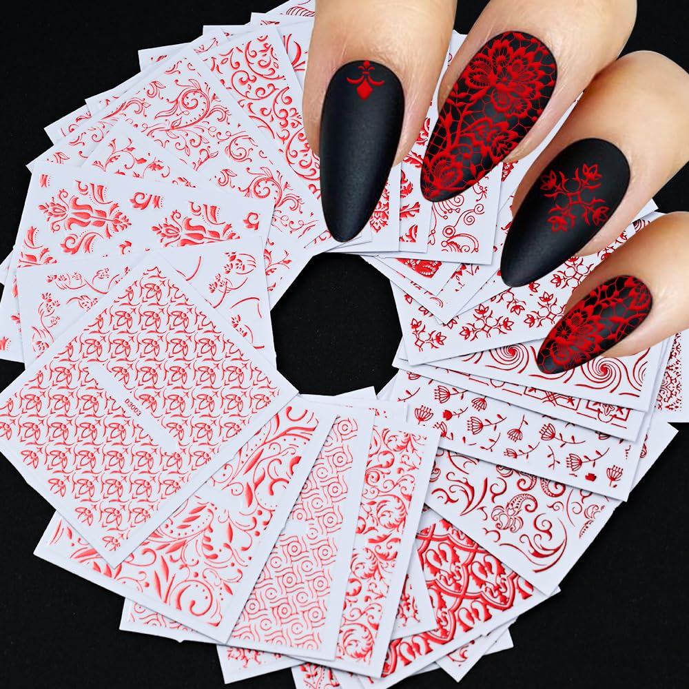 WEIXIWUYU Red Hollow Retro Floral Vine Nail Art Stickers Laser Silver Lace Design Nail Supplies 3D Self-Adhesive Nail Stickers for Women Girls DIY Manicure Slider Decorations 30 Sheets