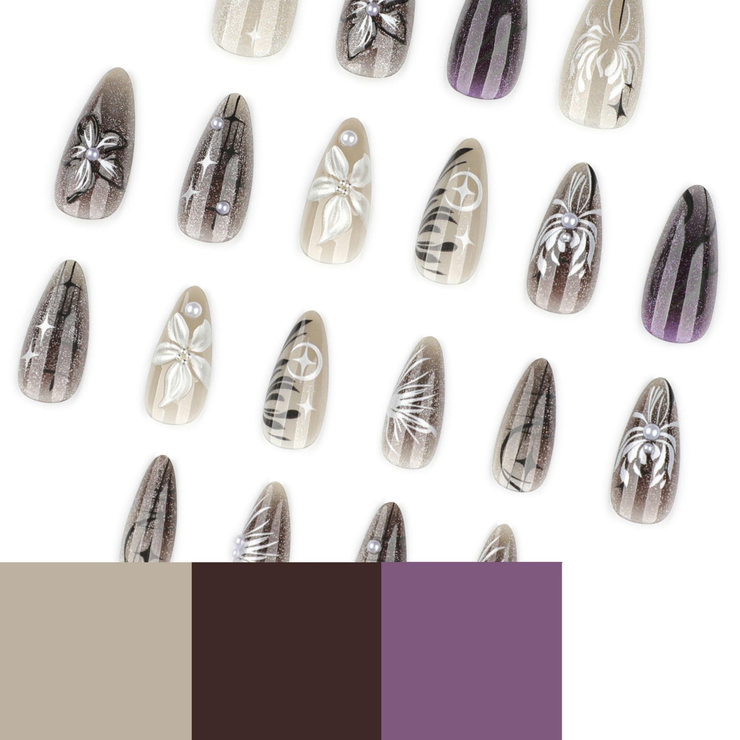 Almond Press on Nails Long Fake Nails Silver Artificial Nail SEENEEY Pearl 3D Flowers Designs Stars Moon Stick on Nail for Women 24pcs