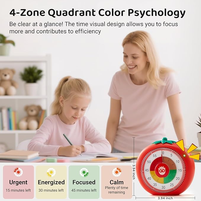 Visual Timer for Kids, 60-Minute Countdown Timers for Classroom Office Kitchen with Silent Operation, Kids Timer for Teaching with Cute Design, 4-Color Zone Pattern Pomodoro Timers