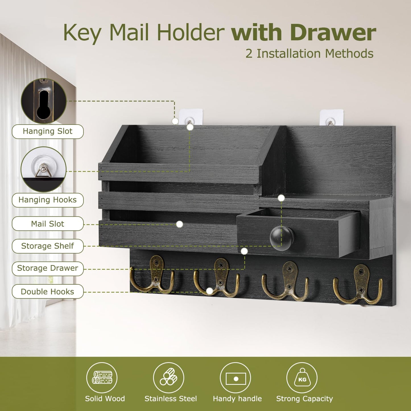 HOMEBROS Key Holder Wall Mount, Wooden Adhesive Mail and Key Organizer with Drawer, Small Shelf, 8 Hooks, 2 Installation Methods, Black