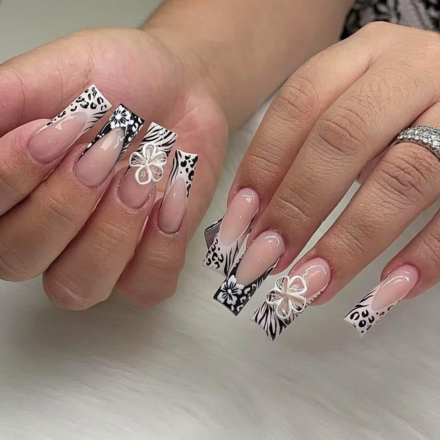 IMRAIN Press on Nails Long Square Fake Nails Black White Zebra Stripes French Tips False Nails with 3D Flower Designs Full Cover Glossy Artificial Glue on Nails for Women 24Pcs