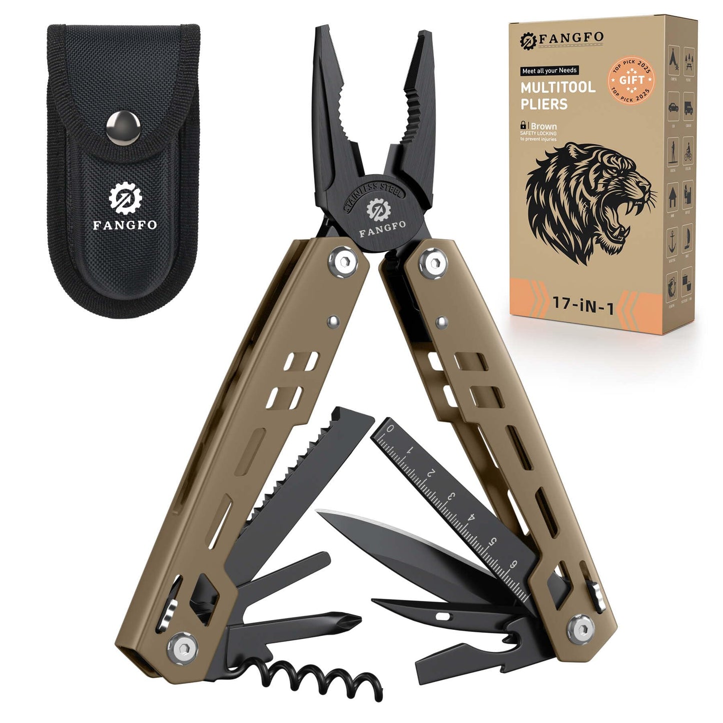 Multitool 17-in-1 Stainless Steel Multi Tool with Pocket Knife Needle Nose Pliers Bottle Opener Screwdriver Self-Locking Professional Multi-Tool for Outdoor Survival Gifts for Men(Brown)