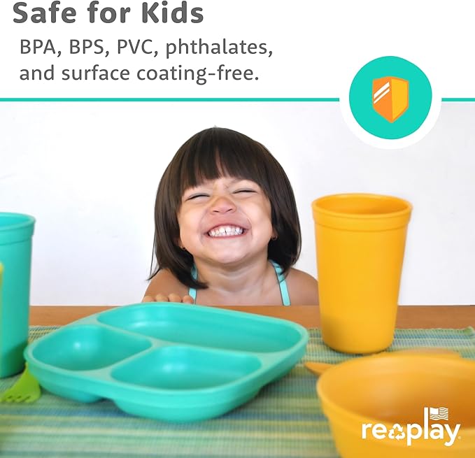 Re-Play Toddler Plates with Dividers - Deep-Walled 3 Compartments Divided Plates for Kids with 3 Lids - Dishwasher & Microwave Safe - Made in USA - Set of 3-7.37" x 7.37" x 1.25" - A True Blue