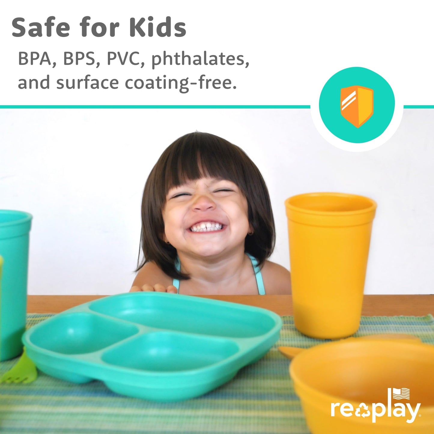 Re-Play 3 Divided Toddler Plates, 3 Utensils Set and 3 Wide Base Bowls - Dishwasher and Microwave Safe - Made in USA - Aqua Asst