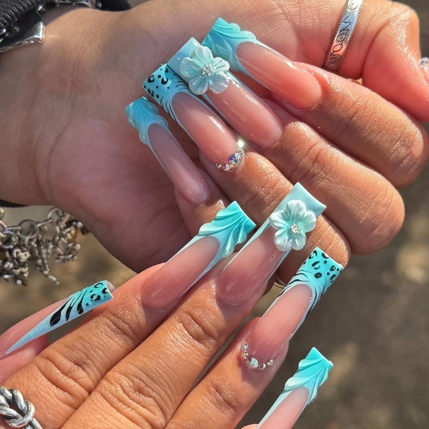 MISUD Press on Nails - Long Square Glue on Nails with Blue French Tip, Acrylic Summer Flower Design 24 pcs