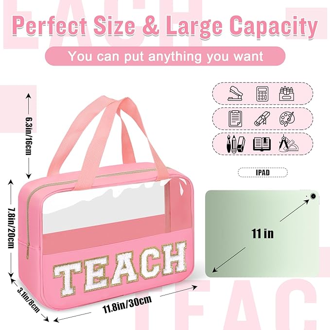 Teacher Appreciation Gifts Chenille Letter Clear Makeup Bag TEACH Pouch, Preppy Waterpoof Makeup Cosmetic Bag with Zipper Graduation Retirement Birthday Teacher Essentials Gifts for Women(TEACH-Pink)