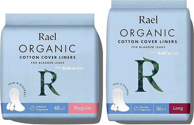 Rael Organic Cotton Cover Incontinence Liners Bundle - Bladder Control and Postpartum Liners, 4-Layer Core Protection with Leak Guard Technology, Regular (48 Count) and Long (36 Count)