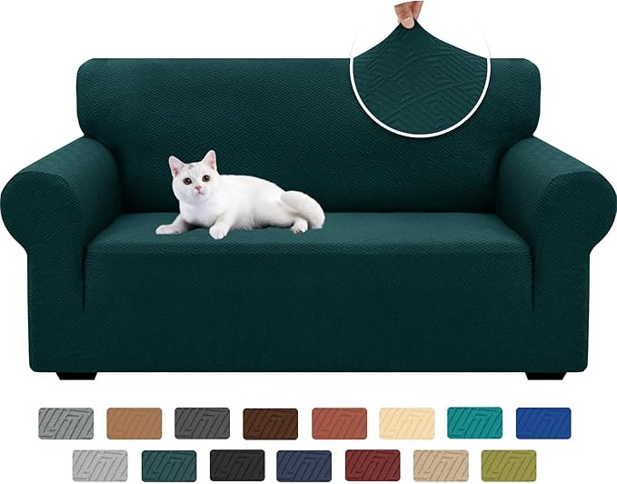 XINEAGE New 1 Piece Couch Covers for 2 Cushion (55"-69") Stretch Loveseat Sofa Cover Slipcover Jacquard Universal Furniture Protector with Elastic Bottom for Kids,Dog (Loveseat, Blackish Green)