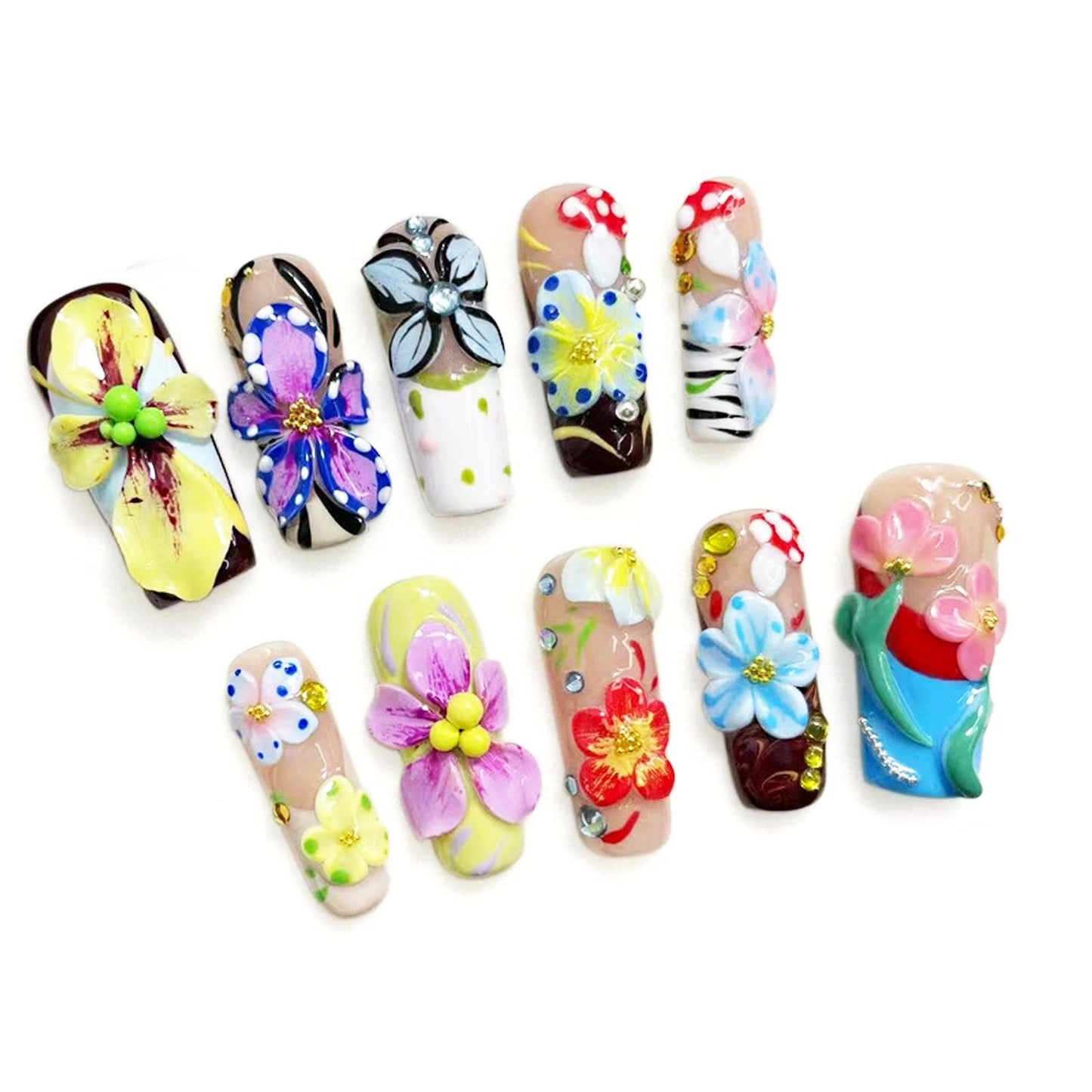 Handmade 3D Floral Art Colorful Square Press On Nails, Sweet Rhinestone Artisan Nails Set, Reusable Glossy Press-ons with Tool Kit(S)