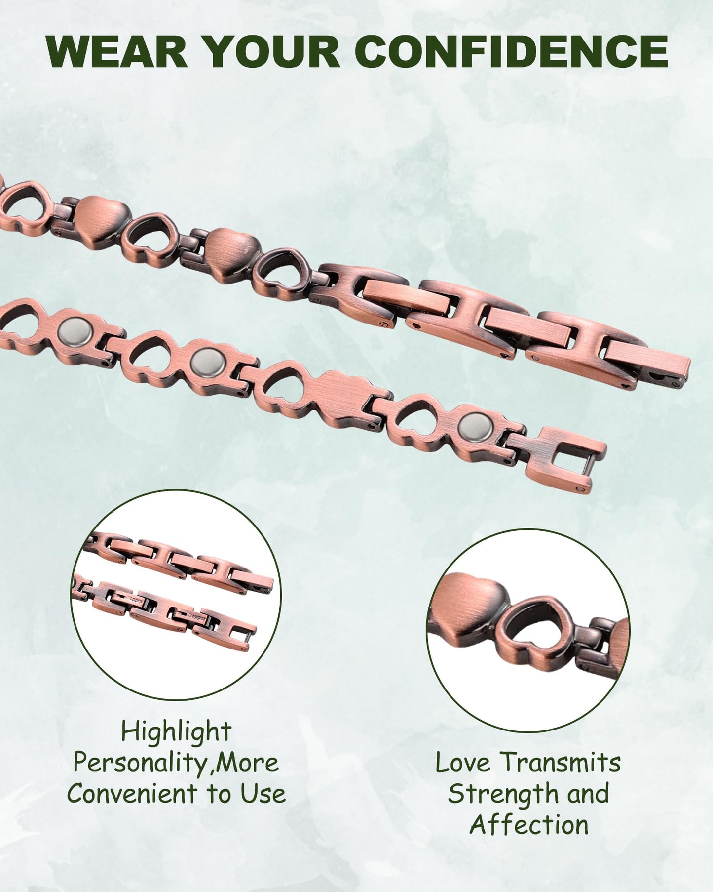 MagEnergy Copper Bracelets for Women, 99.99% Pure Copper Magnetic Bracelets with 3500 Gauss Magnets, Adjustable, Jewelry Gift