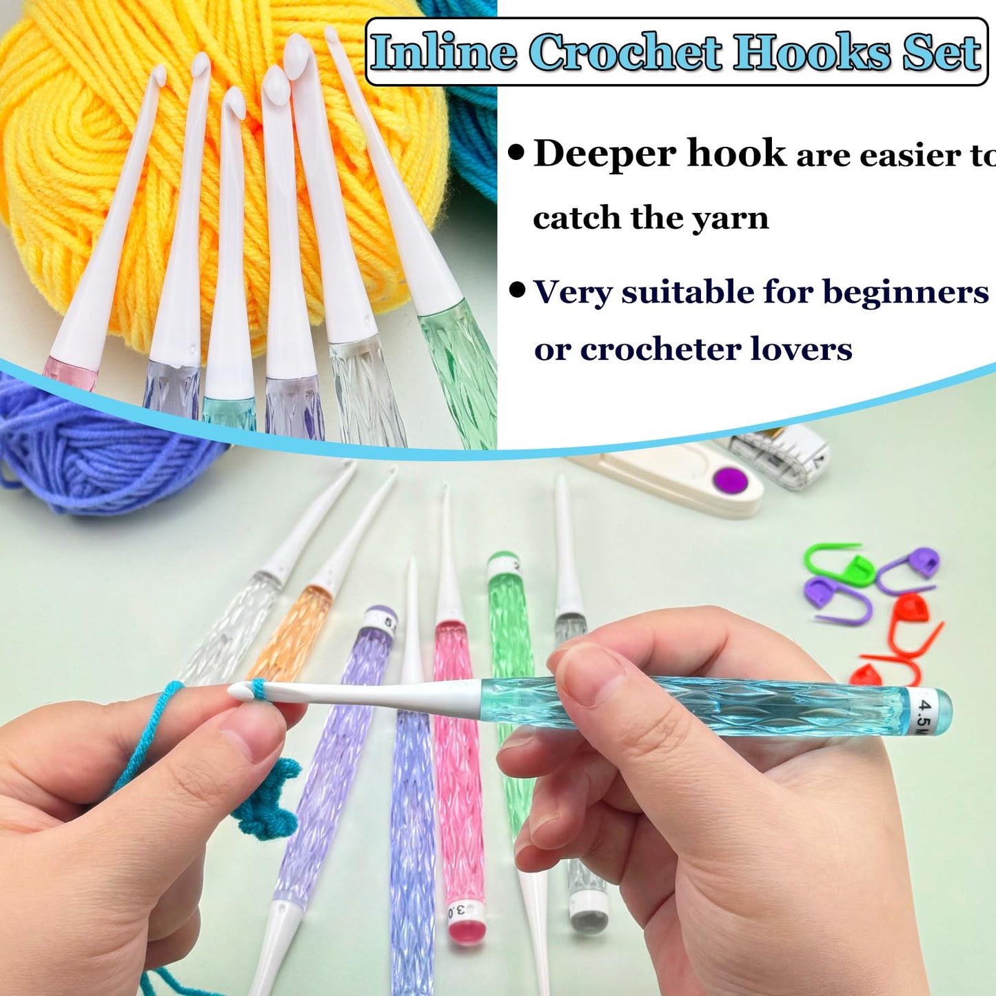 Hobekoee Inline Crochet Hooks Set,8PCS Plastic Crochet Hooks Long Crochet Hook Set with Case,Colorful Non-Slip Crochet Needles for Crocheting Yarn,Size 2.5mm-6mm
