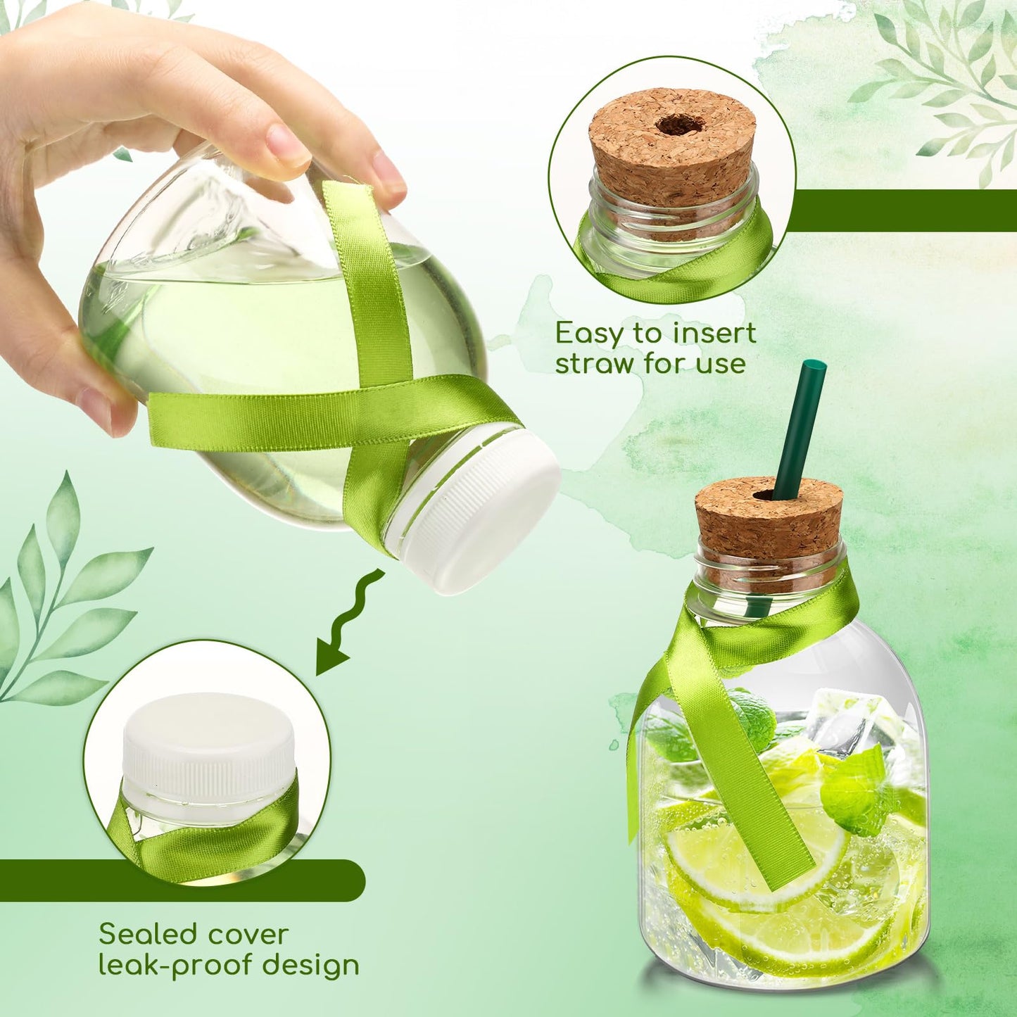 Vesici 24 Pcs Plastic Liquor Bottles with Cork and Straw Empty Juice Bottles for Drinks Reusable Mini Liquor Jar with Green Silk Ribbon for Wedding Party Personalized Decoration(10 oz)