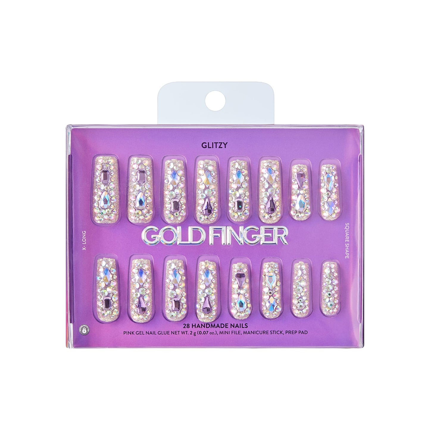 Glitzy 3D Handmade Press On Nail Kit, Multicolor Rhinestone Gem X-Long Square False Nail, Reusable & Lasts Up To 2 Weeks, Seamless Snug Fit Technology, Includes Glue, File & 28Pcs Manicure Set