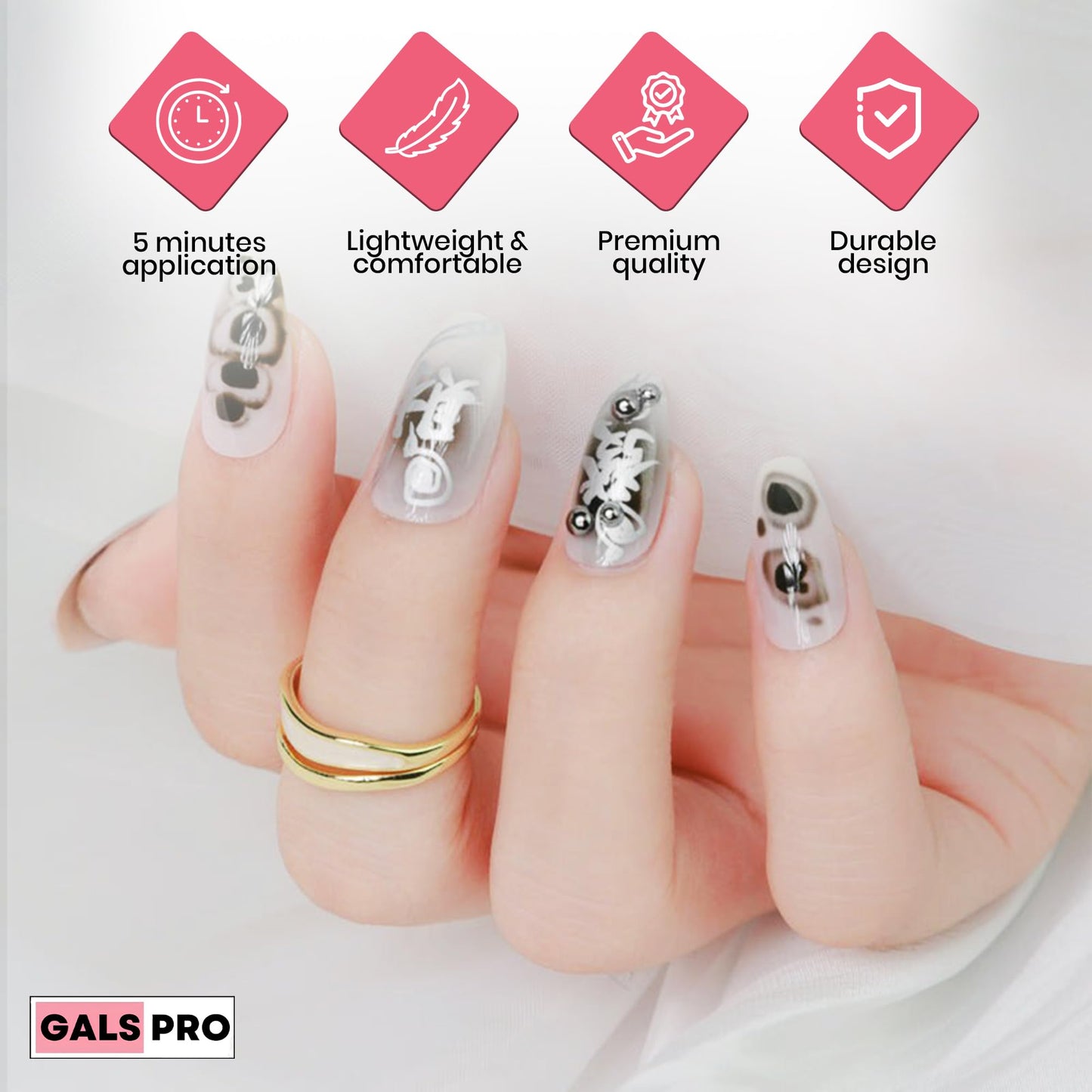 GALSPRO Short Press on Nails - Set of 24 Fake Nails with Designs in 12 Different Sizes for Perfect Fit, Cute False Nails Kit for Women with 0.07oz Nail Glue (MAKE A FORTUNE COFFIN SHAPE, Short)