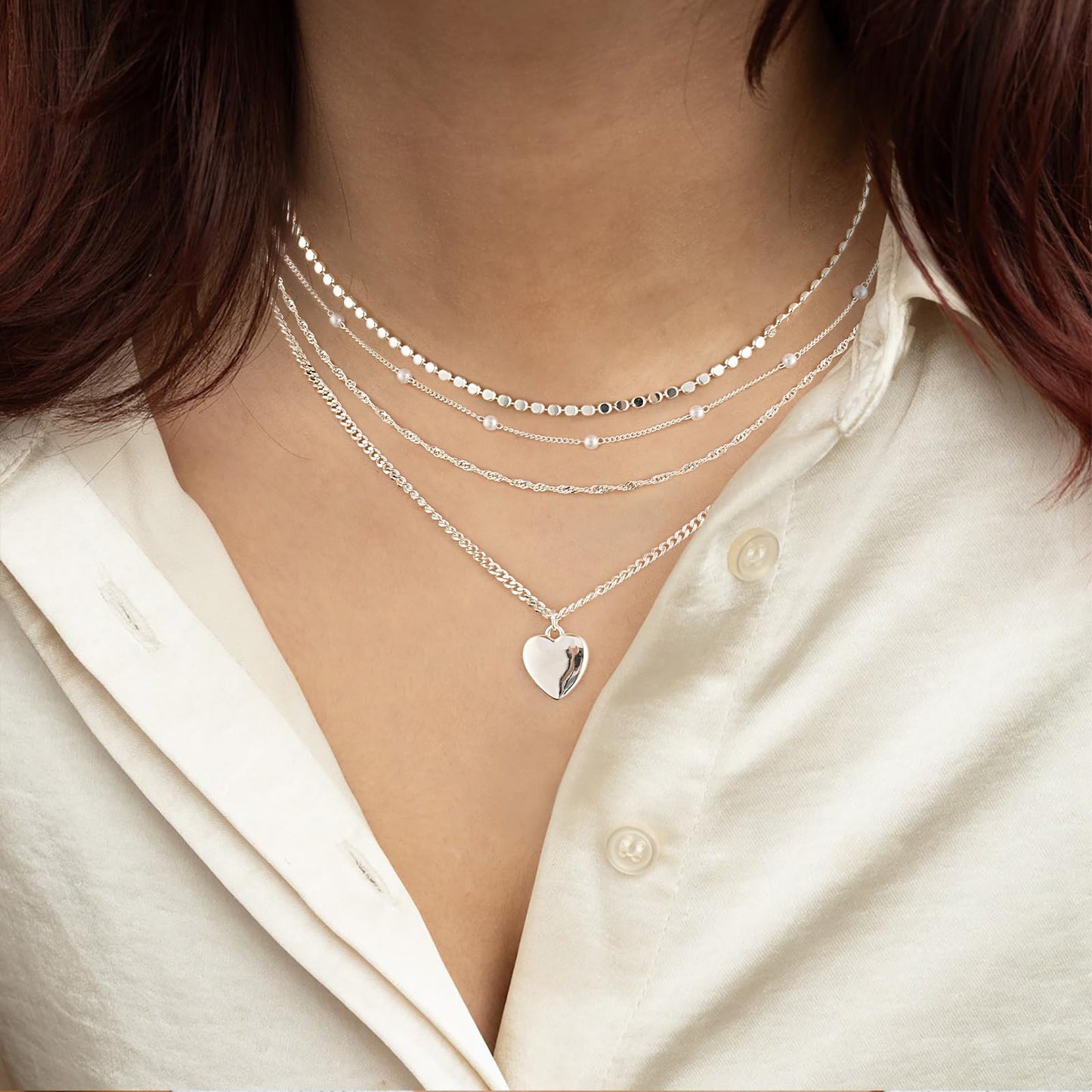 MFRYK Gold Necklaces Stack For Women,14K Gold Plated Simple Layered Choker Necklaces,Stackable Multilayer Gold Small Square Pendant Box Paperclip Chain Layered Necklaces Set Jewelry Gift for Women