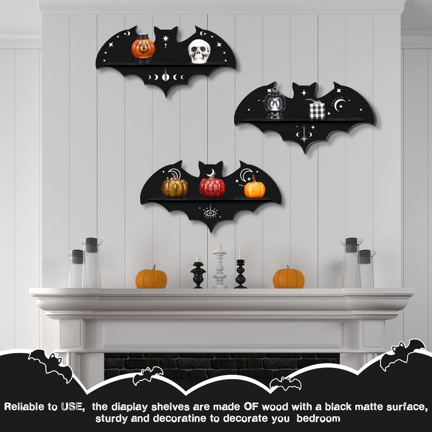Geetery 3 Pcs Bat Shelf Gothic Decor Witchy Crystal Shelf Spooky Coffin Wall Hanging with Hooks Floating Black Wooden Room Decor for Crystal Keys