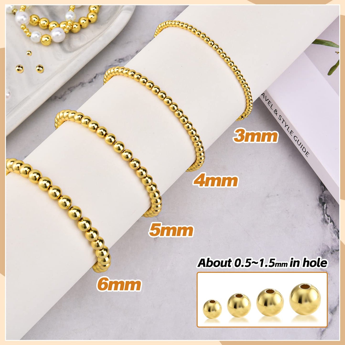 CNONE 310Pcs 18K Gold Filled Spacer Beads for Jewelry Making, Round Small Ball Gold Filled Beads for Bracelet, Necklace Bulk Supply (4mm)