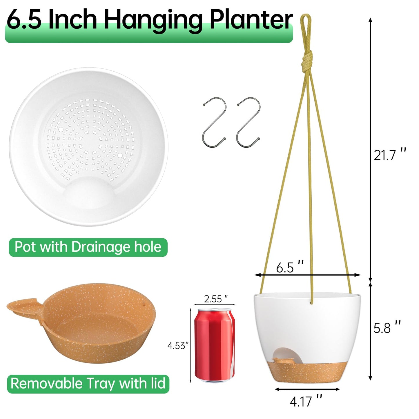 ZMTECH 6.5 Inch Hanging Planters for Indoor Outdoor Plants, 2 Pack Self Watering Hanging Plant Pots with Drainage Holes and Removable Saucer, Plastic Flower Hanging Pots with Watering Lip (White)