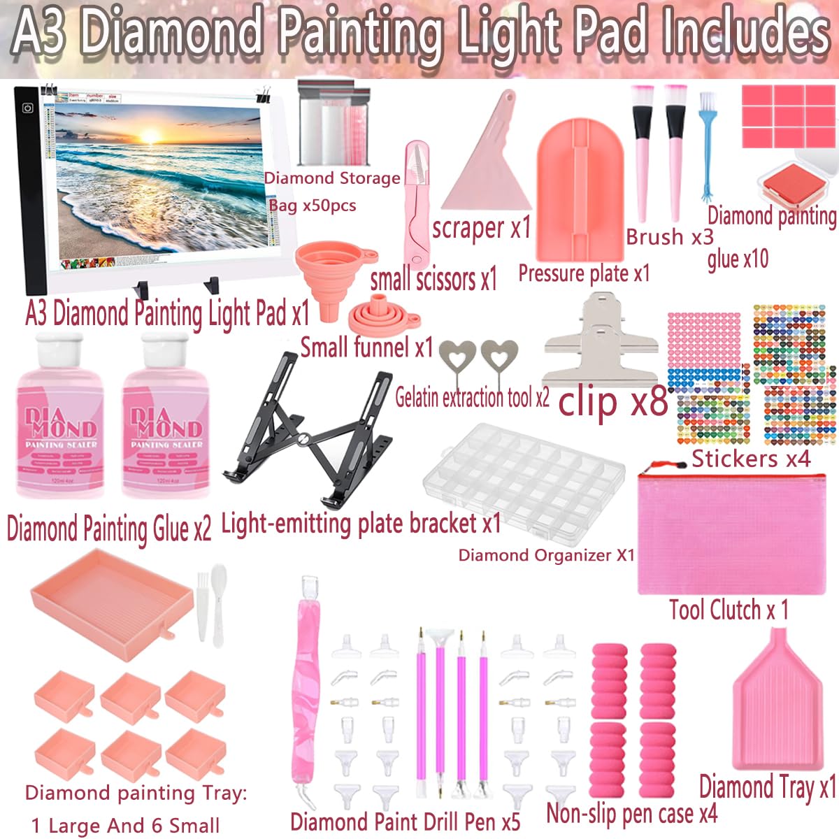 XEUZK All-Inclusive Diamond Art Accessories Kit with A3 DiamondPainting Light Pad Kit, Light Board for Painting Accessories, Bead Organizers & 5D Painting Tools Set for Full Drill & Partial Drill Art