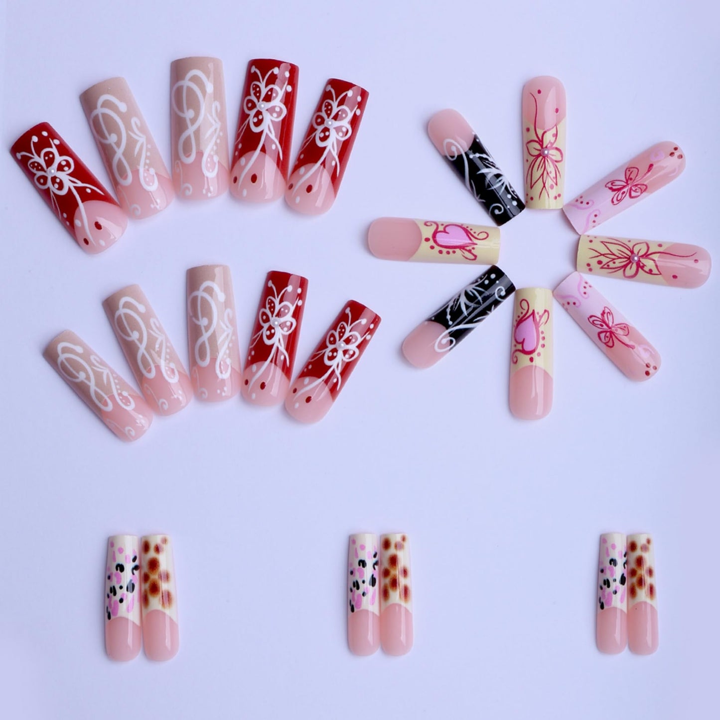 Long Press on Nails Square Fake Nails Red Artificial Nail French Tip and Flowers Designs Stick on Nail for Women 24pcs