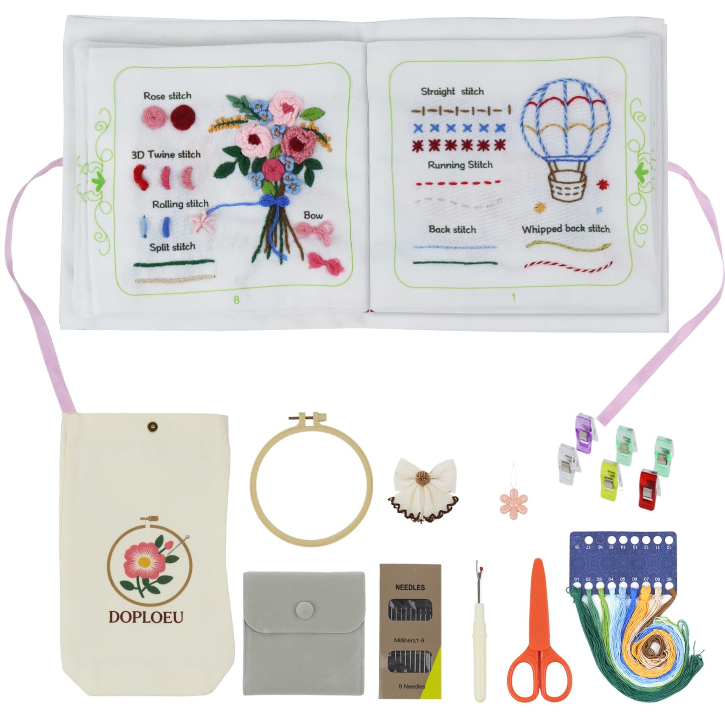Embroidery Stitch Book Kit for Beginners & Adults,33 Essential Stitches Practice Samplers,6.29 inch Hoop, Floss & Needles, Step-by-Step Guide and Video Tutorials, DIY Needlework Gift