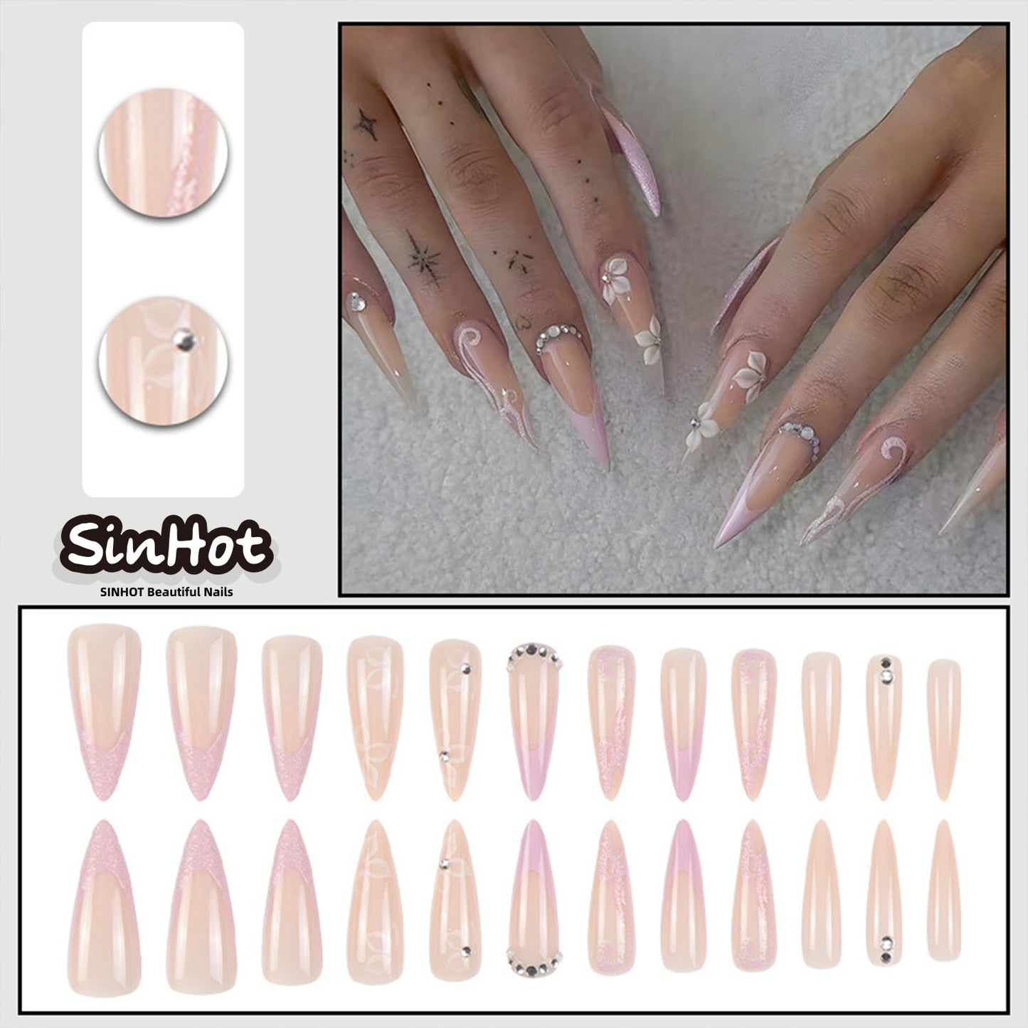 SINHOT Stiletto Press on Nails - Long Fake Nails, Glossy Finish, White Flower & 3D Rhinestones, DIY Artificial False Nail Art - 24 Pcs Nail Kit with Glue