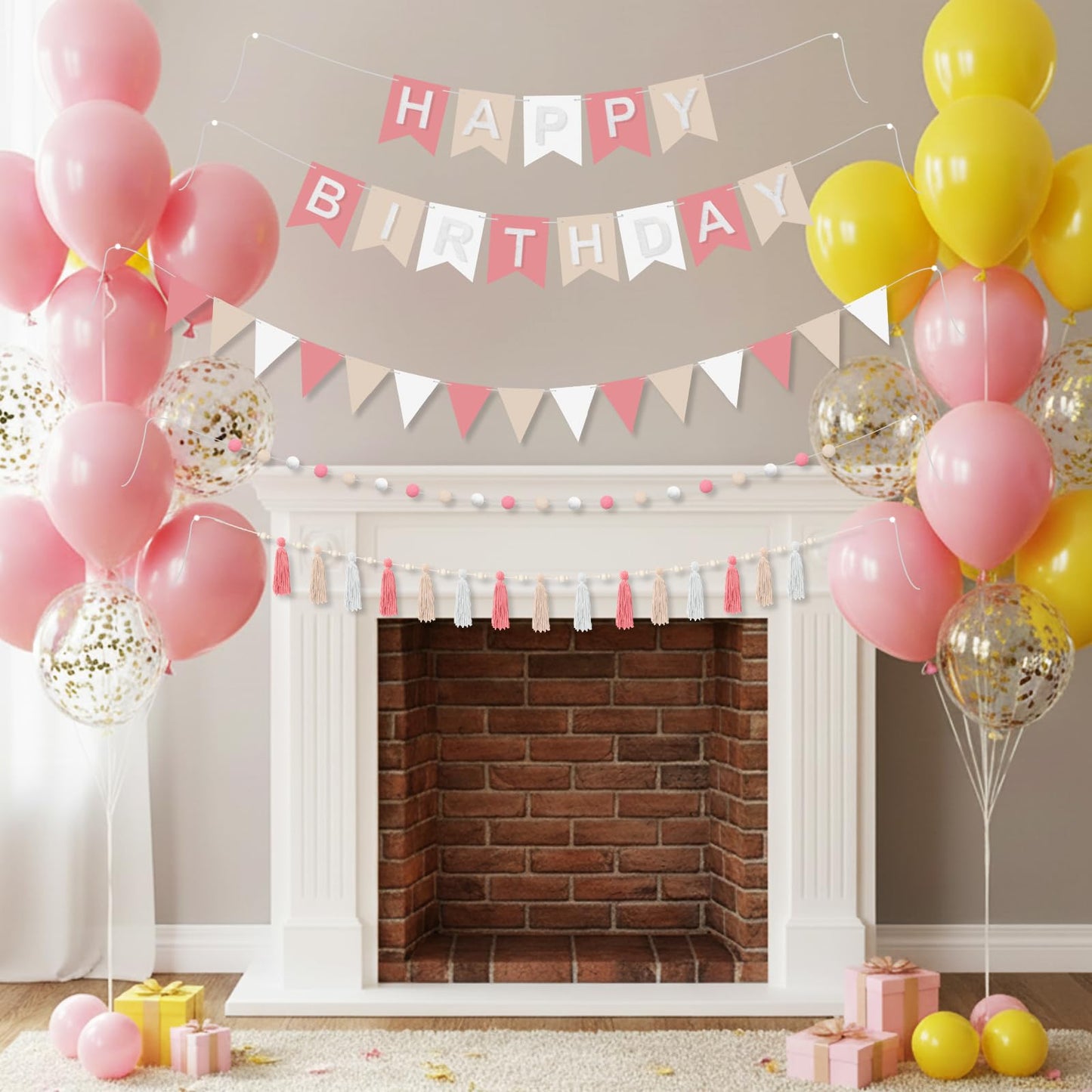 SmoothNovelty 139 Pcs Felt DIY Custom Banner Kit Include 104 Letters 18 Swallowtail Flags 15 Pennants 2 Pcs Pom Pom Garland Tassel Pompom Decoration for Home Baby Shower Birthday(Baby Pink)
