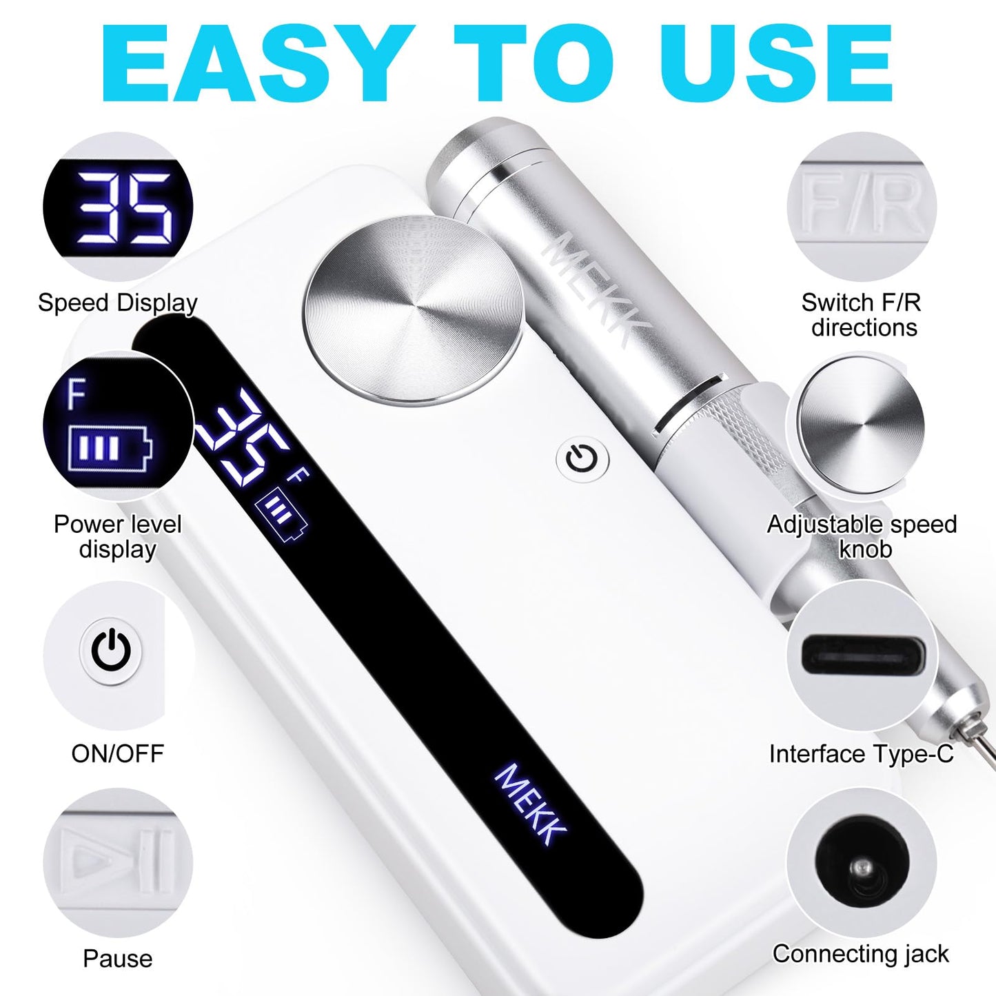 MEKK Nail Drill Kit,35000RPM Electric Nail Drill Professional Electric Nail File with 12PCS Bits,Anti-Shaking Cordless E Filer for Nails with LCD Display,Home & Salon (White)