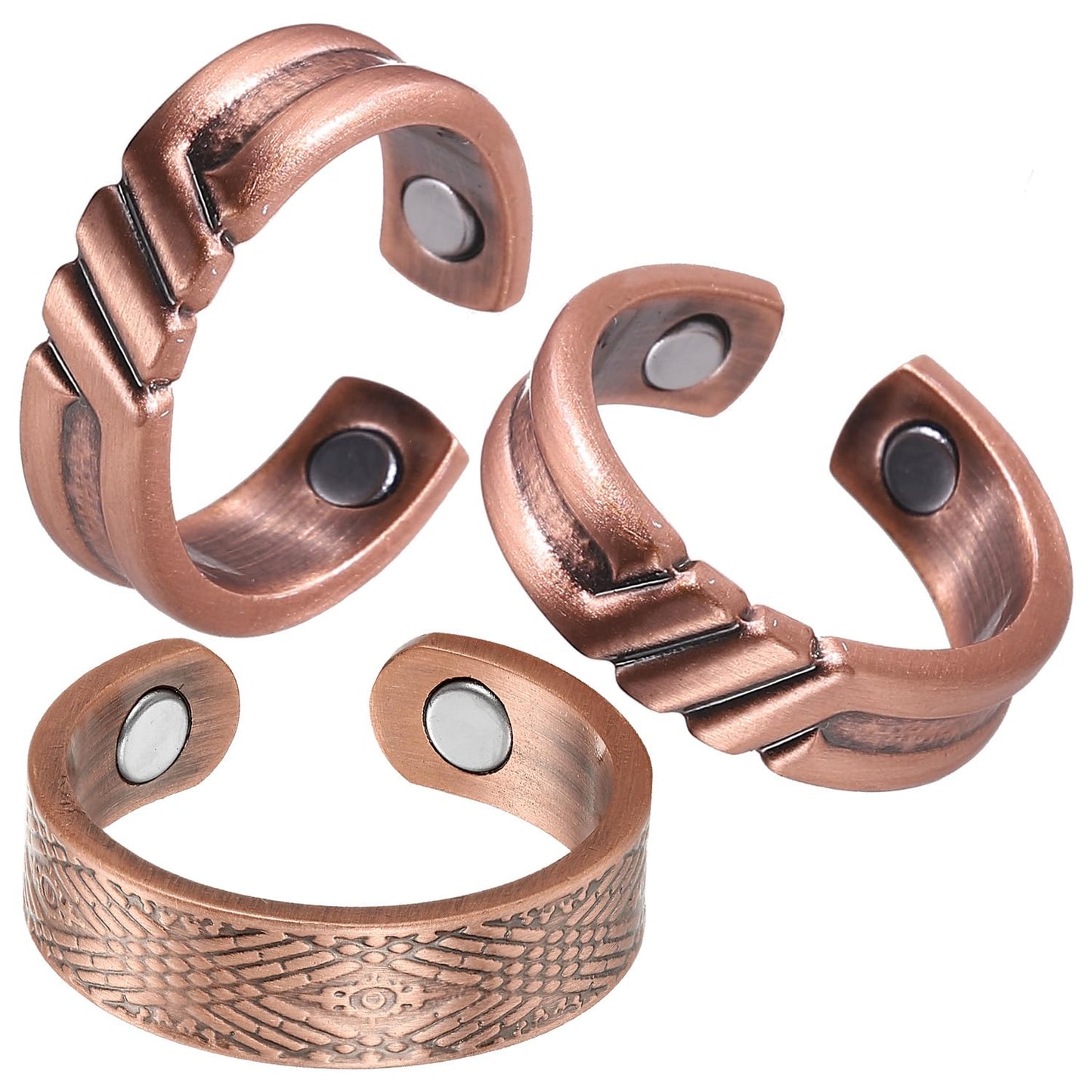 Fashtour 3 Copper Rings for Men, 99.9% Pure Copper Magnetic Rings, Vintage Pattern Adjustable Cuff Ring