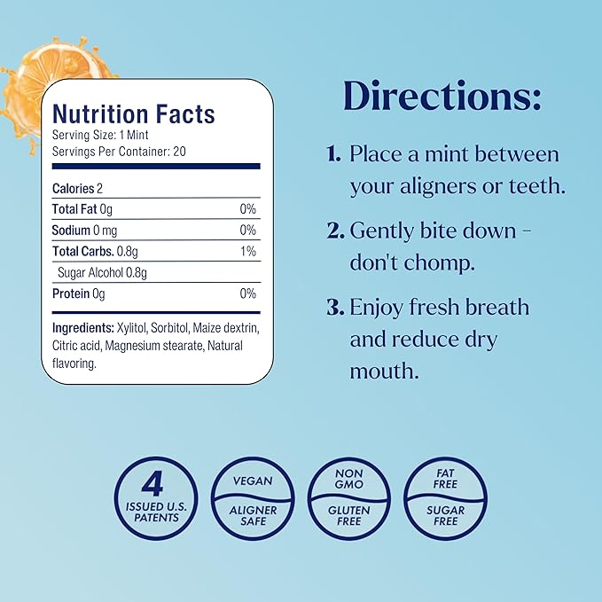 Movemints Clear Aligner Mints - Patented, Edible Alternative to Chewies - Freshen Breath and Improve Dry Mouth with Xylitol - Orange (3 Pack)
