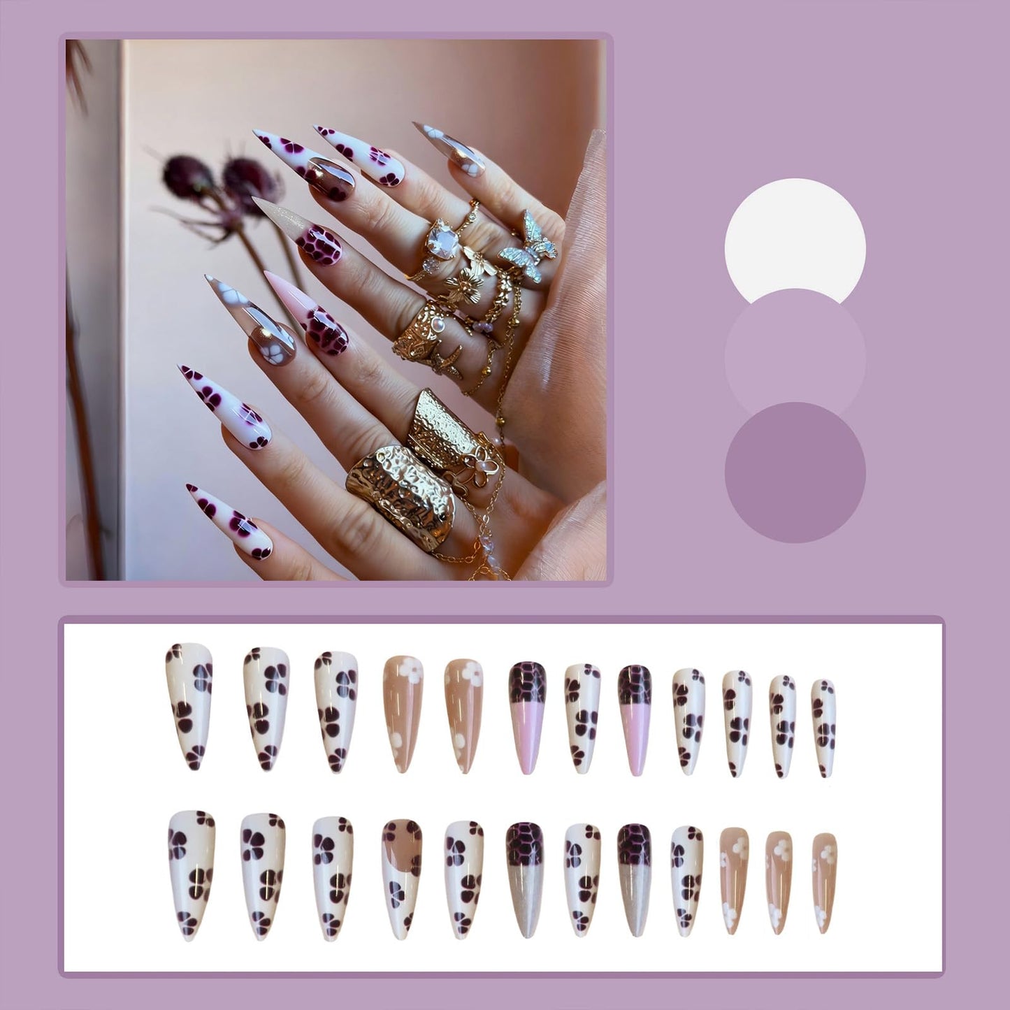 SINHOT Stiletto Press on Nails - Long Fake Nails, Glossy Finish, White Purple Flower & Glitter, Reusable Artificial False Nail Art - 24 Pcs Nail Kit with Glue