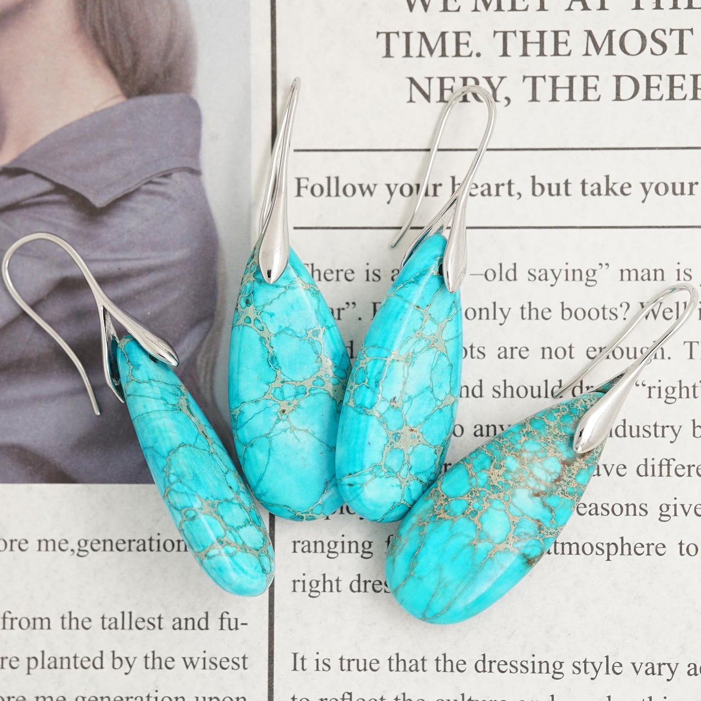 Sriomu Natural Healing Stone Fishhoop Dangle Drop Earrings Statement Gold silver earrings