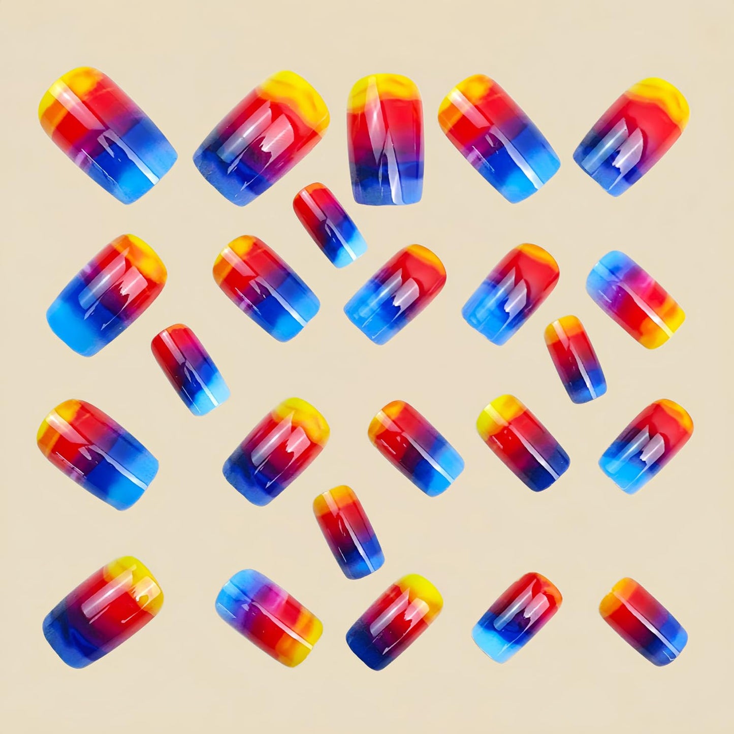 Short Press On Nails Square Fake Nails with Sunset Blending Designs - Full Cover Blue Gradient Glue On Nails - Glossy Acrylic Press Ons Fake Nails Spring Summer Stick on Nails for Women - 24 Pcs