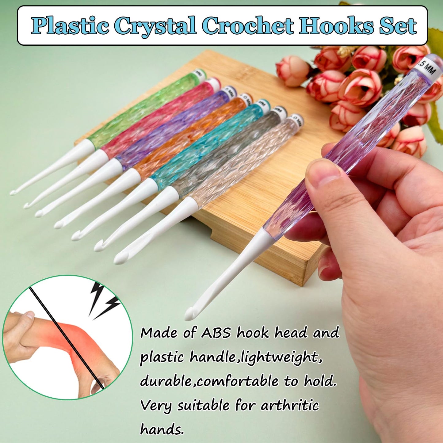 Hobekoee Inline Crochet Hooks Set,8PCS Plastic Crochet Hooks Long Crochet Hook Set with Case,Colorful Non-Slip Crochet Needles for Crocheting Yarn,Size 2.5mm-6mm