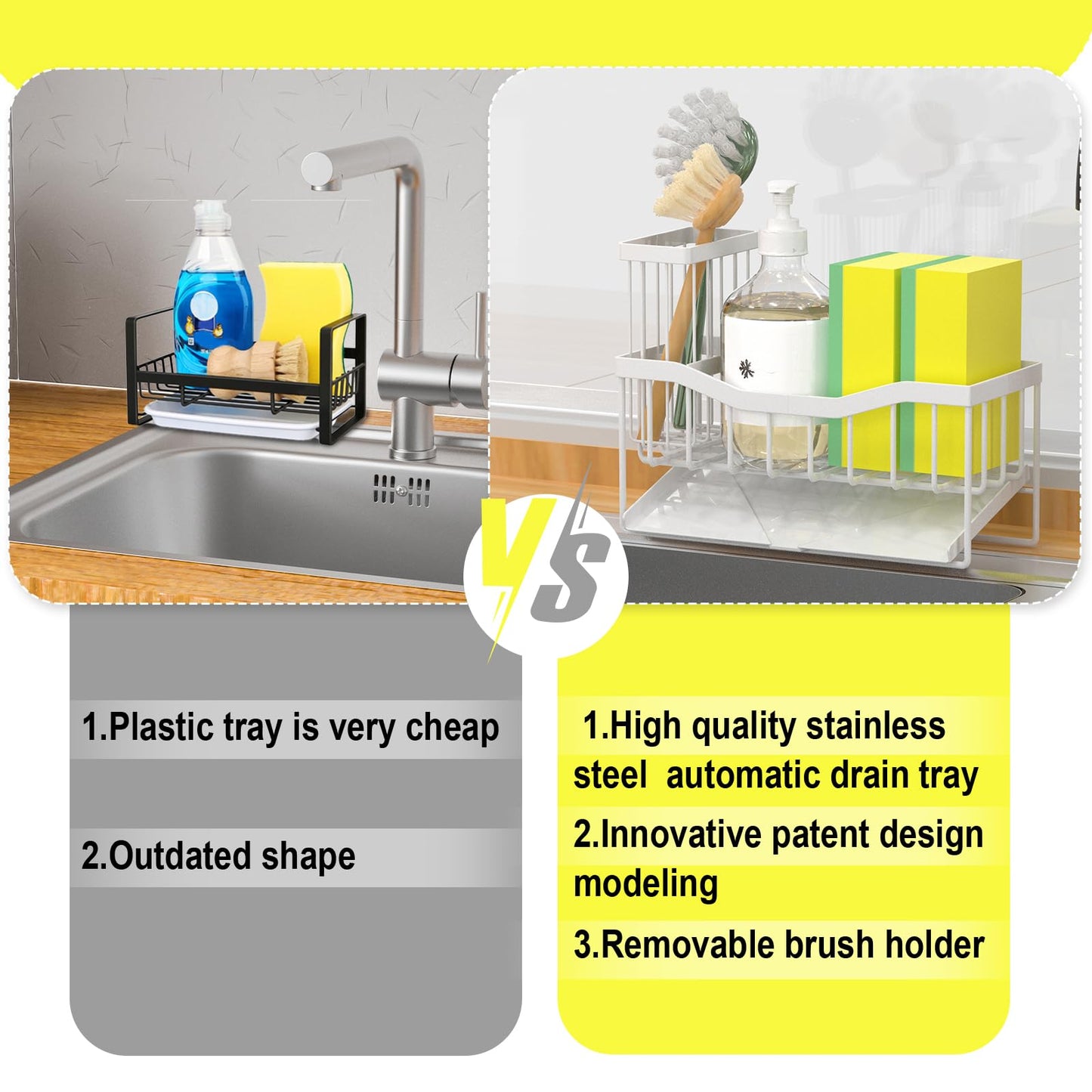 Fssvcd Maifan Sink Caddy Sponge Holder for Kitchen with Brush Holder and Stainless Steel Self Drain Tray, Rustproof Kitchen Sink Organizer for Sponge, Soap Dispenser Storage Accessories