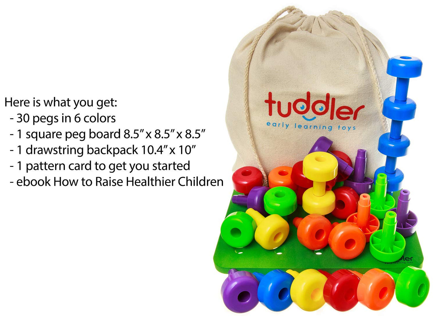 Toddler Peg Board Sensory Montessori Fine Motor Skills Educational Toys - 30 Stackable Pegs + Pattern Card + Drawstring Backpack + E-Book