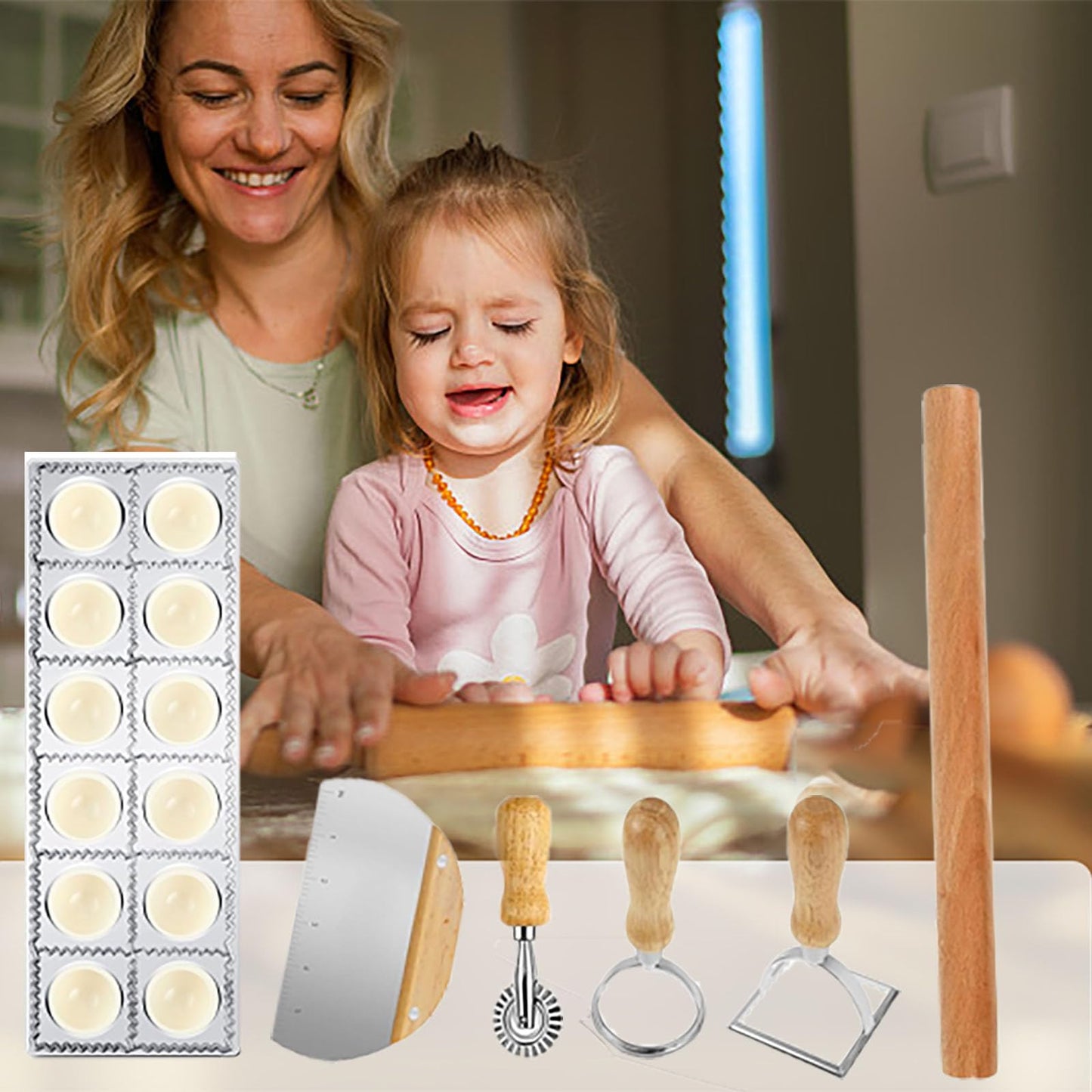 8 Pcs Ravioli Mold Set Include Ravioli Maker Press ，Dough Scraper, Dumpling Maker, Ravioli Maker Cutter set,Pasta Making Kit for Ravioli Press Mold,Suitable for Kitchen Beginners Gift (A)
