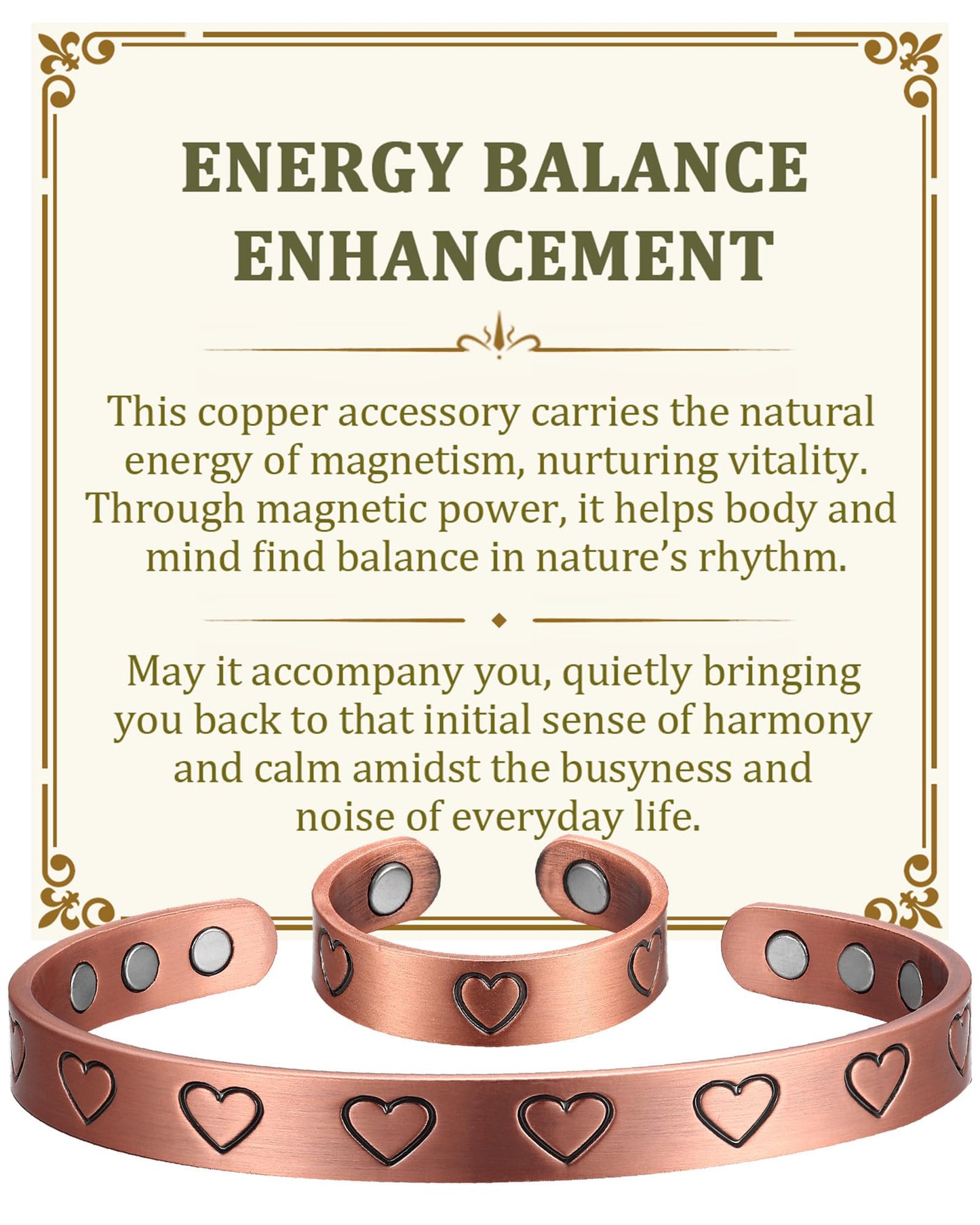 BioMag Heart Design Magnetic Copper Bracelet & Lymphatic Drainage Ring for Women Men, 99.99% Pure Copper Cuff Bangle & Ring, Adjustable Size