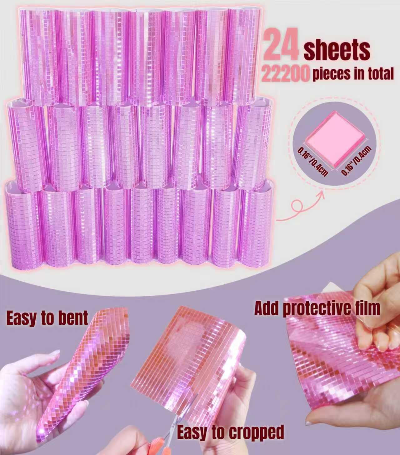 AIVS 22200pcs Mirror Mosaic Tiles,4 x 4mm Disco Tiles Self Adhesive,Tiny Mirror Tiles for Crafts,Disco Ball Stickers for DIY Party Decoration(Pink)